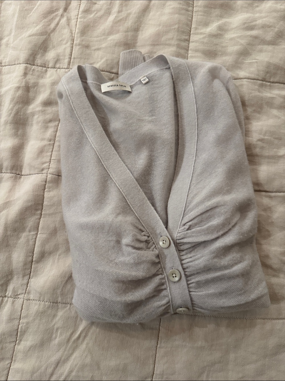 Rebecca Taylor Light Gray Ruched V-Neck Button Cardigan